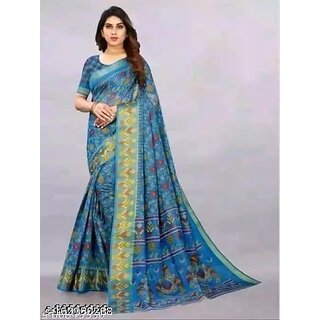                       Sky Blue Colour Cotton Printed Saree With Blouse Piece                                              