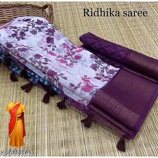                       Wine Colour Flower Cotton Silk Saree With Blouse Piece                                              