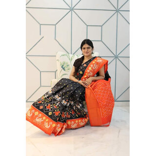                       Black And Orange Colour  Printed Ikkat Printed Saree                                              