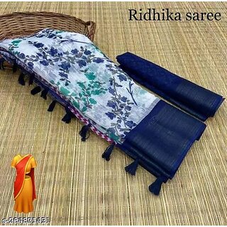                      Dark Blue Colour Flower Printed Cotton Saree With Blouse Piece                                              