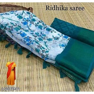 Sky Blue Colour Flower Printed Cotton Saree With Blouse Piece