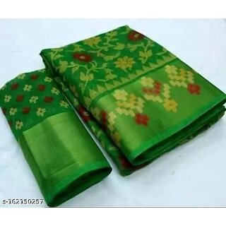                       Green Colour Cotton Printed saree With Blouse Piece                                              