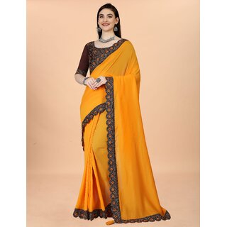                       Yellow Colour Vichitra  Silk  Embroidried Sarees                                              