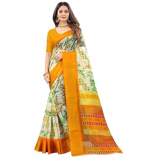 Yellow Flower Printed Cotton Silk Zari Border Saree With Blouse Piece