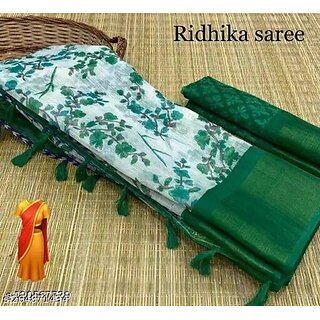                       Green Colour Flower Cotton Silk Saree With Blouse Piece                                              
