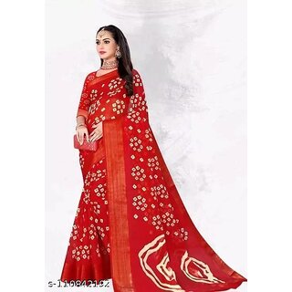                       Red Colour Bandhani Printed Cotton Silk Saree                                              