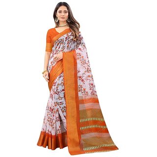                       Orange Flower Printed Cotton Silk Zari Border Saree With Blouse Piece                                              