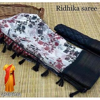                       Black Colour Flower Cotton Silk Saree With Blouse Piece                                              