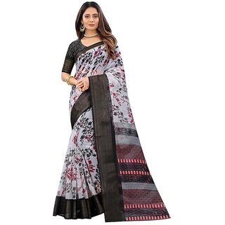                       Black Flower Printed Cotton Silk Zari Border Saree With Blouse Piece                                              