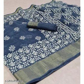                       Grey Colour Cotton Printed saree With Blouse Piece                                              