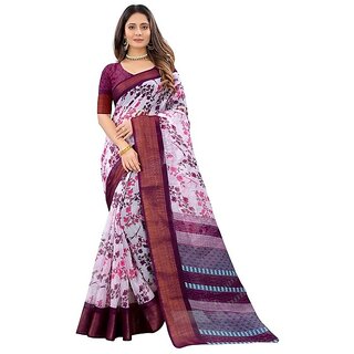                       Purple Flower Printed Cotton Silk Zari Border Saree With Blouse Piece                                              