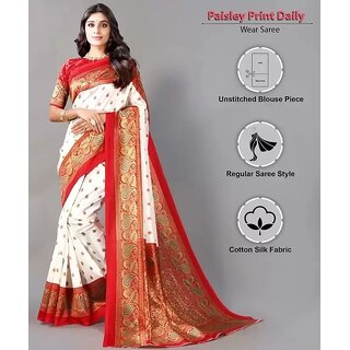                      White and Red  Colour Art Silk Saree With Blouse Piece                                              