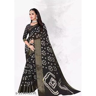                       Black Colour Bandhani Printed Cotton Silk Saree                                              