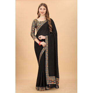                       Black Colour Vichitra Silk Embroidried Saree With Jaquard Blouse Piece                                              