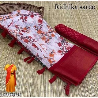                       Red Colour Flower Cotton Silk Saree With Blouse Piece                                              