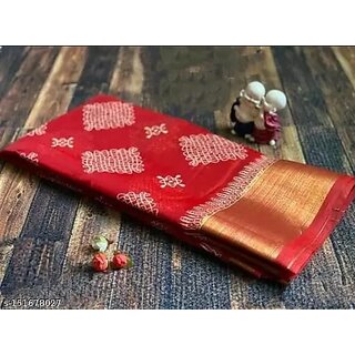 Red Colour Flower Cotton Silk Saree With Blouse Piece