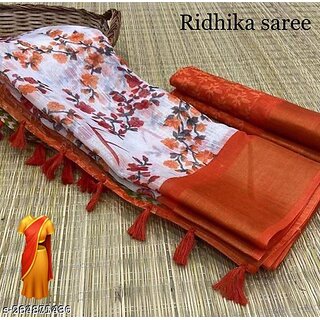                       Orange Colour Flower Cotton Silk Saree With Blouse Piece                                              