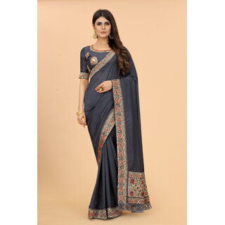                       Grey  Colour Vichitra  Silk  Embroidried Saree With Jaquard Blouse Piece                                              