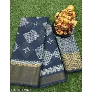                      Grey Colour Cotton Printed saree With Blouse Piece                                              