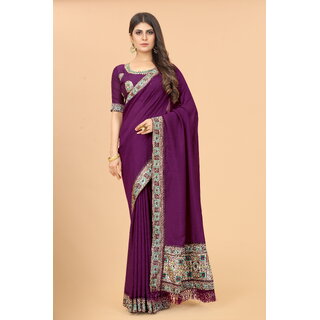                       Purple Colour Vichitra  Silk  Embroidried  Saree With Jaquard Blouse Piece                                              