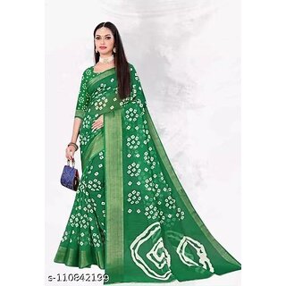                       Green Colour Bandhani Printed Cotton Silk Saree                                              