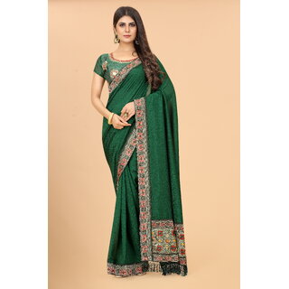                       Green Colour Vichitra  Silk  Embroidried Sarees                                              