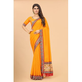                       Yellow Colour Vichitra  Silk  Embroidried Saree With Jaquard Blouse Piece                                              