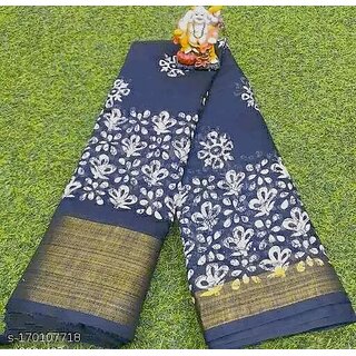                       Grey Colour Cotton Printed saree With Blouse Piece                                              