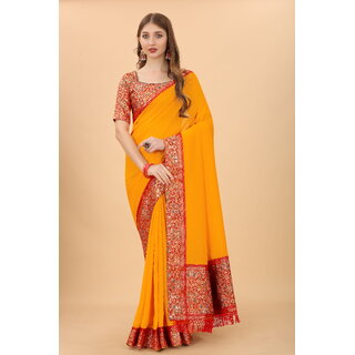                       Yellow Colour Vichitra  Silk  Embroidried Saree With Jaquard Blouse Piece                                              