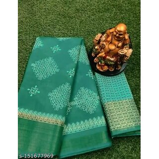                       Green Colour Cotton Printed saree With Blouse Piece                                              