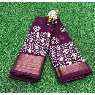                       Wine Colour Cotton Printed saree With Blouse Piece                                              