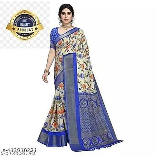                      Sky Blue Colour Floral Printed Saree With Blouse Piece                                              
