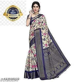                       Dark Blue Colour Floral Printed Saree With Blouse Piece                                              