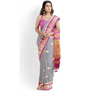                       Grey Colour Paithani Design Silk Saree With Blouse Piece                                              