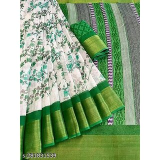                       Green Colour Floral  Print Zari Border With Blouse Piece                                              
