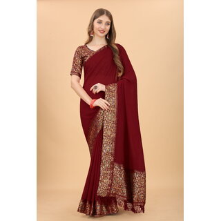                       Maroon Colour Vichitra  Silk  Embroidried Saree With Jaquard Blouse                                              