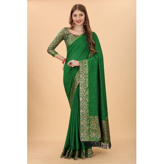                       Green Colour Vichitra  Silk  Embroidried Saree With Jaquard Blouse                                              