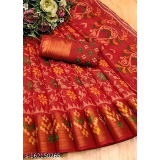 Red Colour Cotton Printed Saree With Blouse Piece