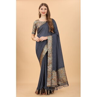                       Grey Colour Vichitra  Silk  Embroidried Saree With Jaquard Blouse                                              