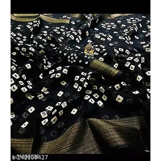                       Black Colour Bandhani Printed Cotton Silk Saree                                              