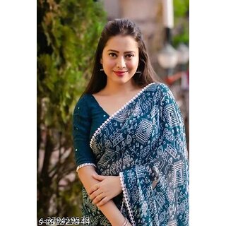                       Green Colour Geomatric Print  Saree With Blouse Piece                                              