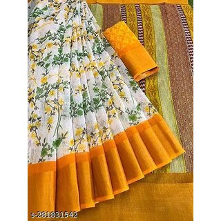                       Yellow Colour Floral  Print Zari Border With Blouse Piece                                              