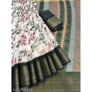                       Black Colour Floral  Print Zari Border With Blouse Piece                                              