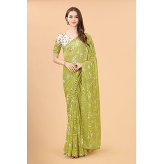                       Perrot  Green Colour Zoya Silk Digital  Printed Saree With Lace Border                                              