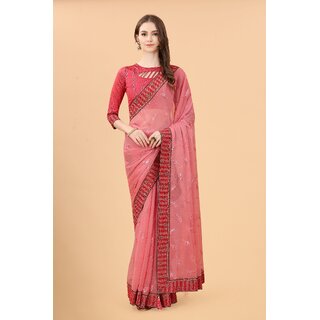                       Light Red Colour Simar Silk Embroideried Saree With Lace                                              