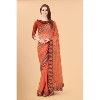                       Orange  Colour Simar Silk Embroideried Saree With Lace                                              