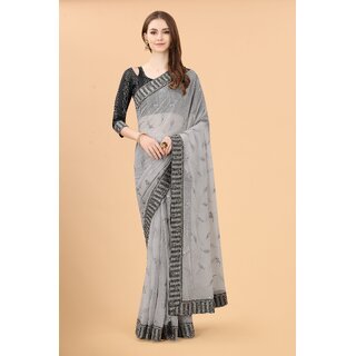                       Grey  Colour Simar Silk Embroideried Saree With Lace                                              