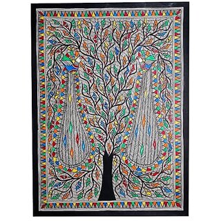                       Palak Saxena Madhubani Handmade Wall Hanging Painting Of Auspicious Peacock on Tree for Home Decor (32.2 x 24.2 inches) Traditional Art for Bedroom Wall and Living Room                                              