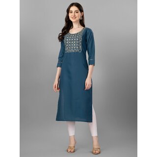                       Milastru Blue Cotton Blend Embroidered Kurta For Women                                              