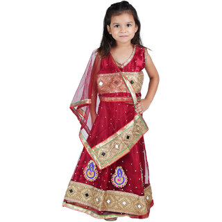                      Kid Kupboard Cotton Girls Lehanga Choli and Dupatta Set, Maroon, Sleeveless, 6-7 Years KIDS6423                                              